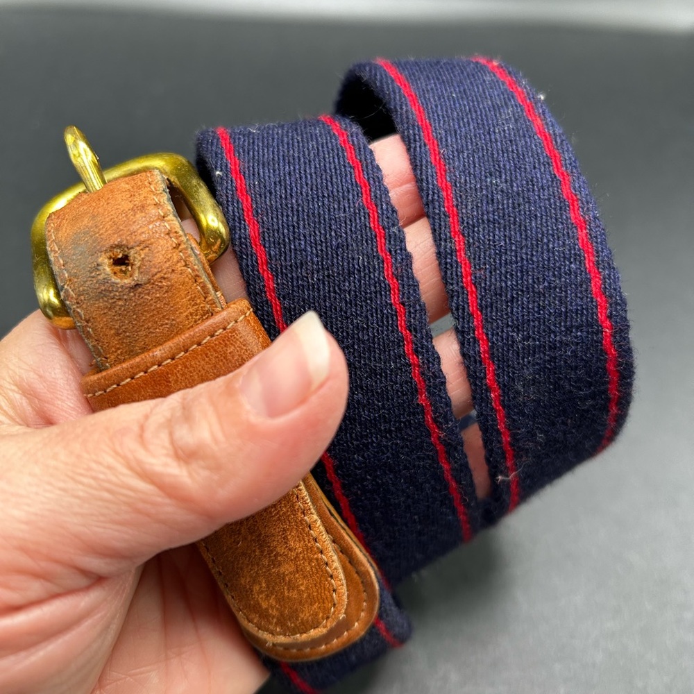 VTG Coach Wool Leather Belt Navy Red Stripe 42” - Picture 3 of 5